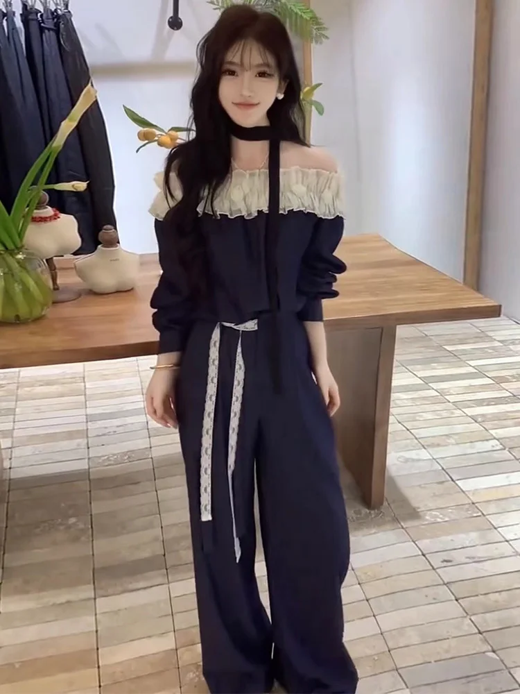 Women summer new Korean version spicy girl patchwork lace off shoulder one neck shirt high waist wide leg pants two-piece set
Women summer new Korean version spicy girl patchwork lace off shoulder one neck shirt high waist wide leg pants two-piece set