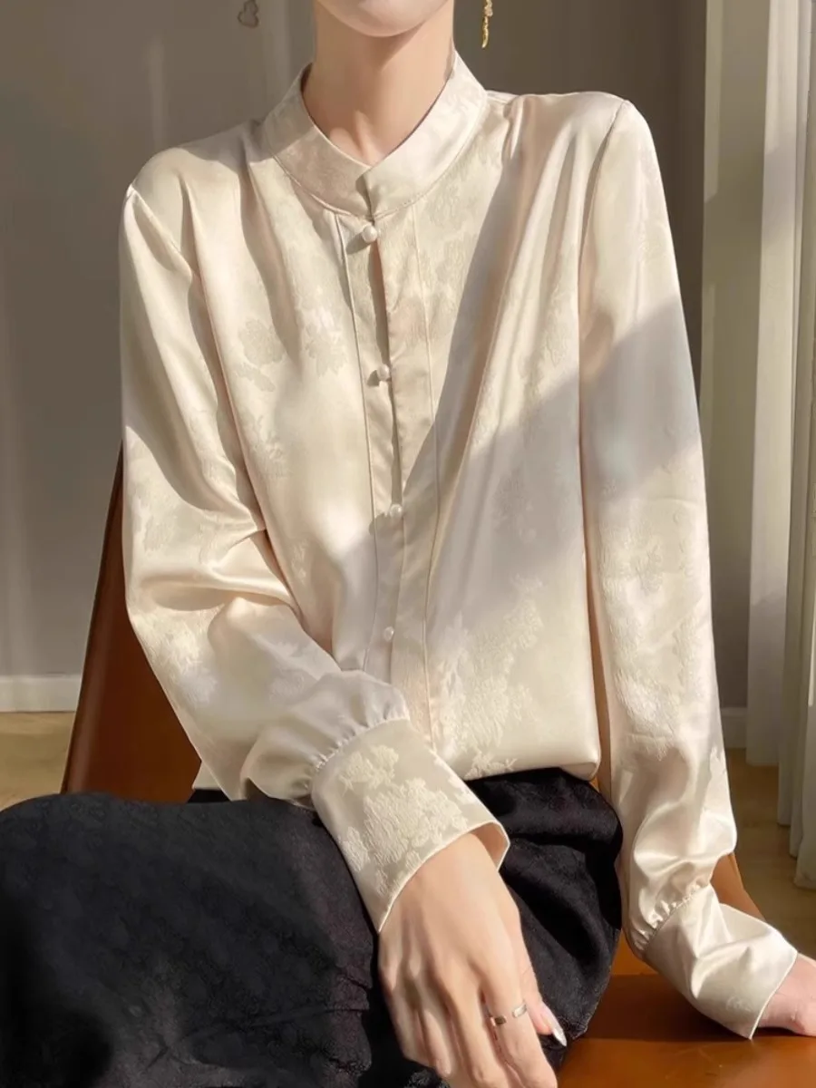Elegant Silk Satin Ladies Shirt Stand Collar Open Cardigan Casual High End Base Layer Shirt Spring New Style Pure Color
Elegant Silk Satin Ladies Shirt Stand Collar Open Cardigan Casual High End Base Layer Shirt Spring New Style Pure Color