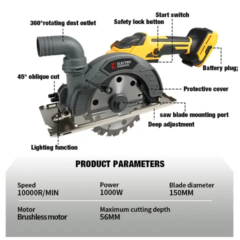 Electric Goddess 6Inch 150mm Brushless Circular Saw Adjustment Woodworking Electric Cutting Tool For Dewalt 20V Battery Pins