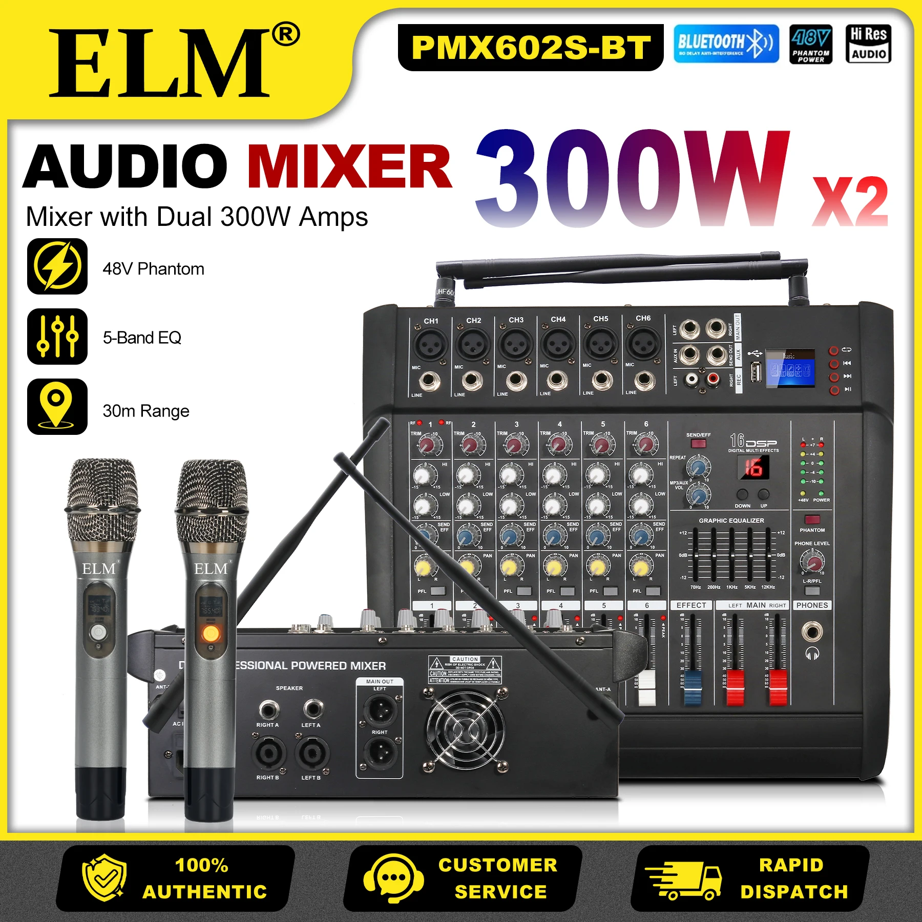PMX 4/6CH Powered Mixer with UHF Wireless Mic System 2x300W Bluetooth USB SD 16 DSP Effects LCD Display Karaoke Church
PMX 4/6CH Powered Mixer with UHF Wireless Mic System 2x300W Bluetooth USB SD 16 DSP Effects LCD Display Karaoke Church