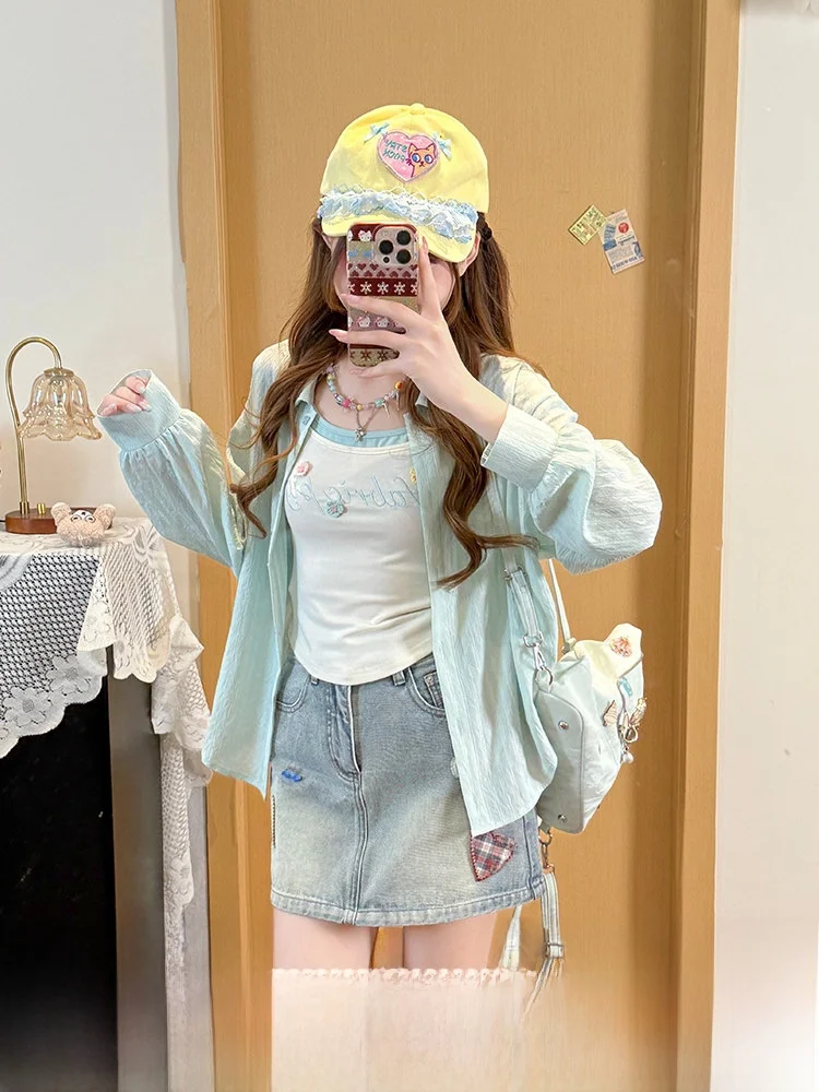 Girls Loose Fit Long Sleeve Shirt Sun Protection Outerwear Mint Green Fabric Pig Design Youthful Style Summer Fashion Top
Girls Loose Fit Long Sleeve Shirt Sun Protection Outerwear Mint Green Fabric Pig Design Youthful Style Summer Fashion Top