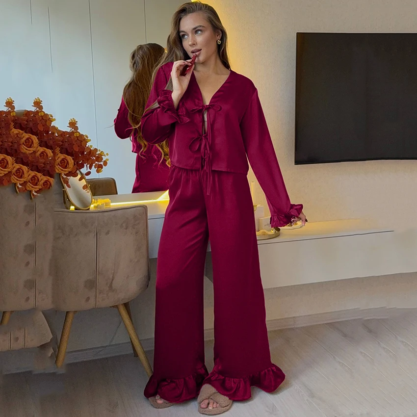HiLoc Осенние элегантные однотонные атласные пижамы женские домашние рубашки на шнуровке брюки-клеш с оборками комплект из 2 предметов повседневные шелковые брючные костюмы
HiLoc Осенние элегантные однотонные атласные пижамы женские домашние рубашки на шнуровке брюки-клеш с оборками комплект из 2 предметов повседневные шелковые брючные костюмы