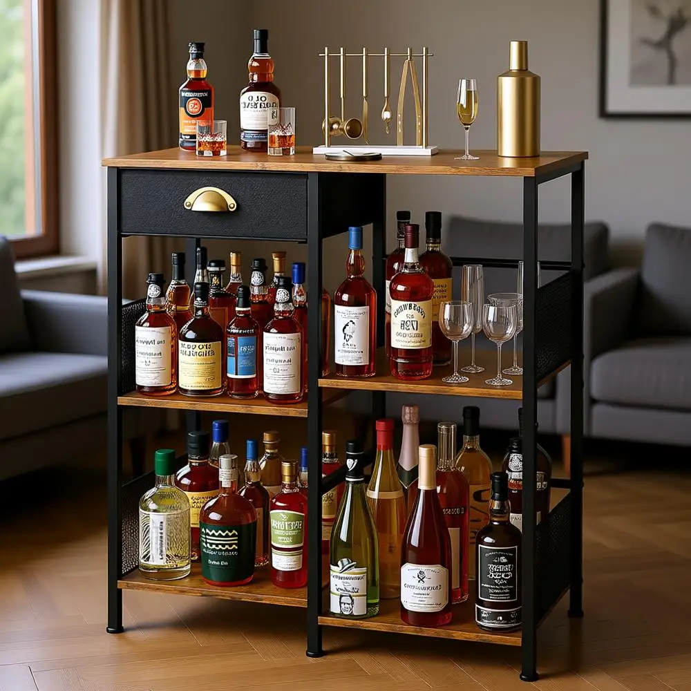 5-Tier Staggered Home Liquor Cabinet with Wine Rack and Vintage Brown Finish
5-Tier Staggered Home Liquor Cabinet with Wine Rack and Vintage Brown Finish