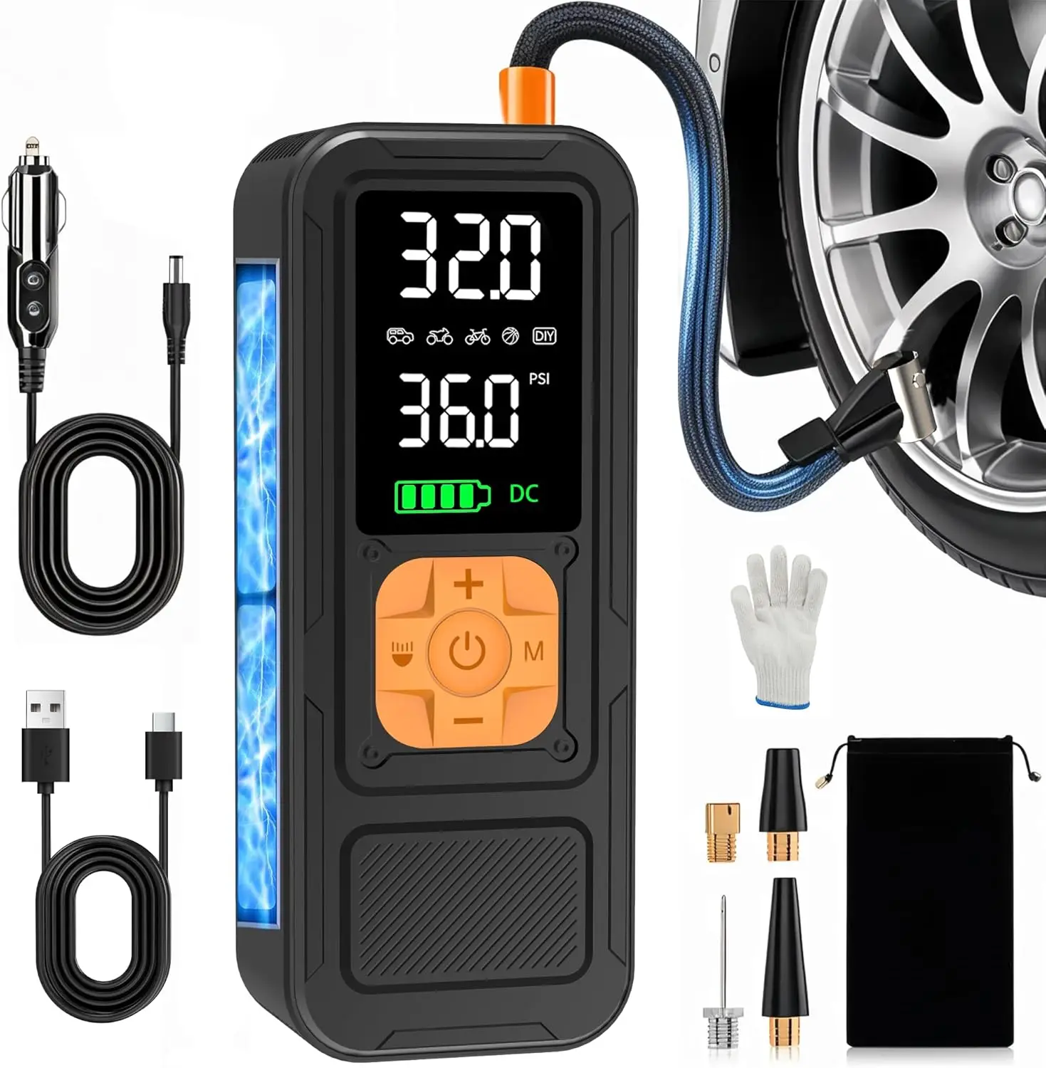 Portable Air Compressor, 4X Faster Inflation, Cordless/12V DC 150PSI Pump with Digital Gauge & LED Light for Car, Motorcycle
Portable Air Compressor, 4X Faster Inflation, Cordless/12V DC 150PSI Pump with Digital Gauge & LED Light for Car, Motorcycle