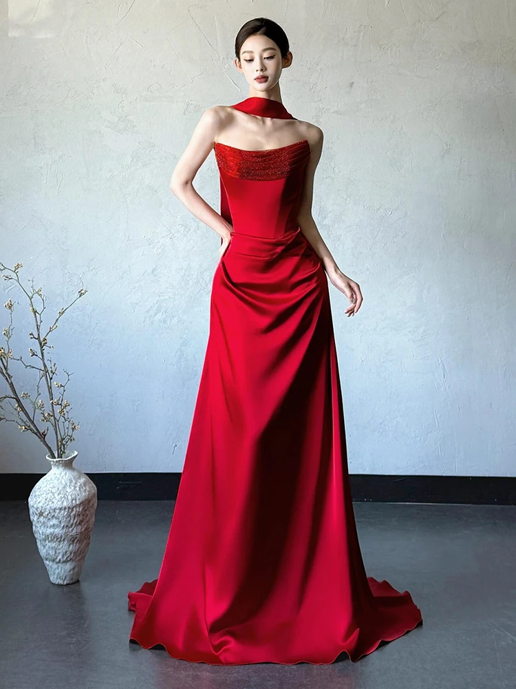 Ele Red Satin Bridal Gown with Train for Wedding Reception Evening Dres Strapl Evening Gown for Women
Ele Red Satin Bridal Gown with Train for Wedding Reception Evening Dres Strapl Evening Gown for Women