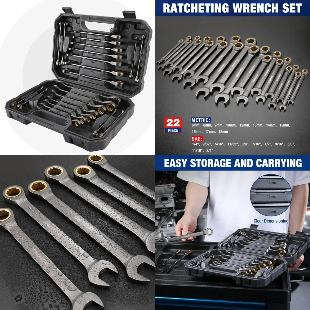 Hand Tool Sets22PC Ratcheting Wrench Set Metric 6-18mm SAE 1/4-3/4 Inch Combination Wrench Tool Kit
Hand Tool Sets22PC Ratcheting Wrench Set Metric 6-18mm SAE 1/4-3/4 Inch Combination Wrench Tool Kit