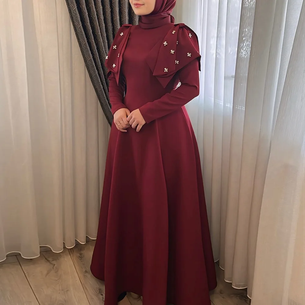 Customized A-Line Prom Dresses Annkle-Length High-Neck Full Sleeve Evening Gown Fashion Bow Crystal Simpel Draped Party Gown
Customized A-Line Prom Dresses Annkle-Length High-Neck Full Sleeve Evening Gown Fashion Bow Crystal Simpel Draped Party Gown