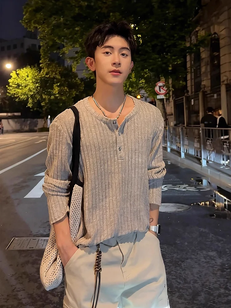 Loose Knitted Long Sve Henry Collar T-irt Men's Sle American Lazy Sweatirt Autumn Season Casual Wear Stand Fit
Loose Knitted Long Sve Henry Collar T-irt Men's Sle American Lazy Sweatirt Autumn Season Casual Wear Stand Fit