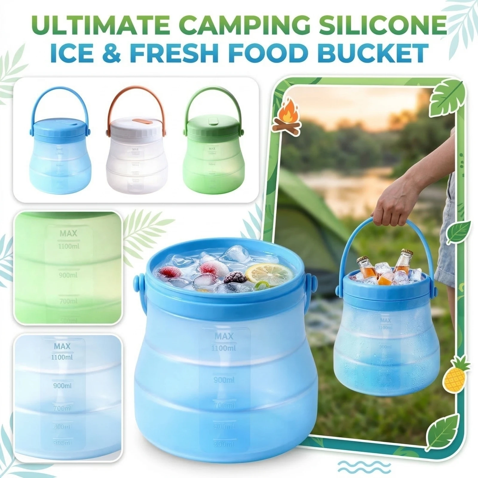 Outdoor Camping Portable Food Portable Silicone Food Storage Container, 1100ml Large Capacity Cold Drink Ice Bucket
Outdoor Camping Portable Food Portable Silicone Food Storage Container, 1100ml Large Capacity Cold Drink Ice Bucket
