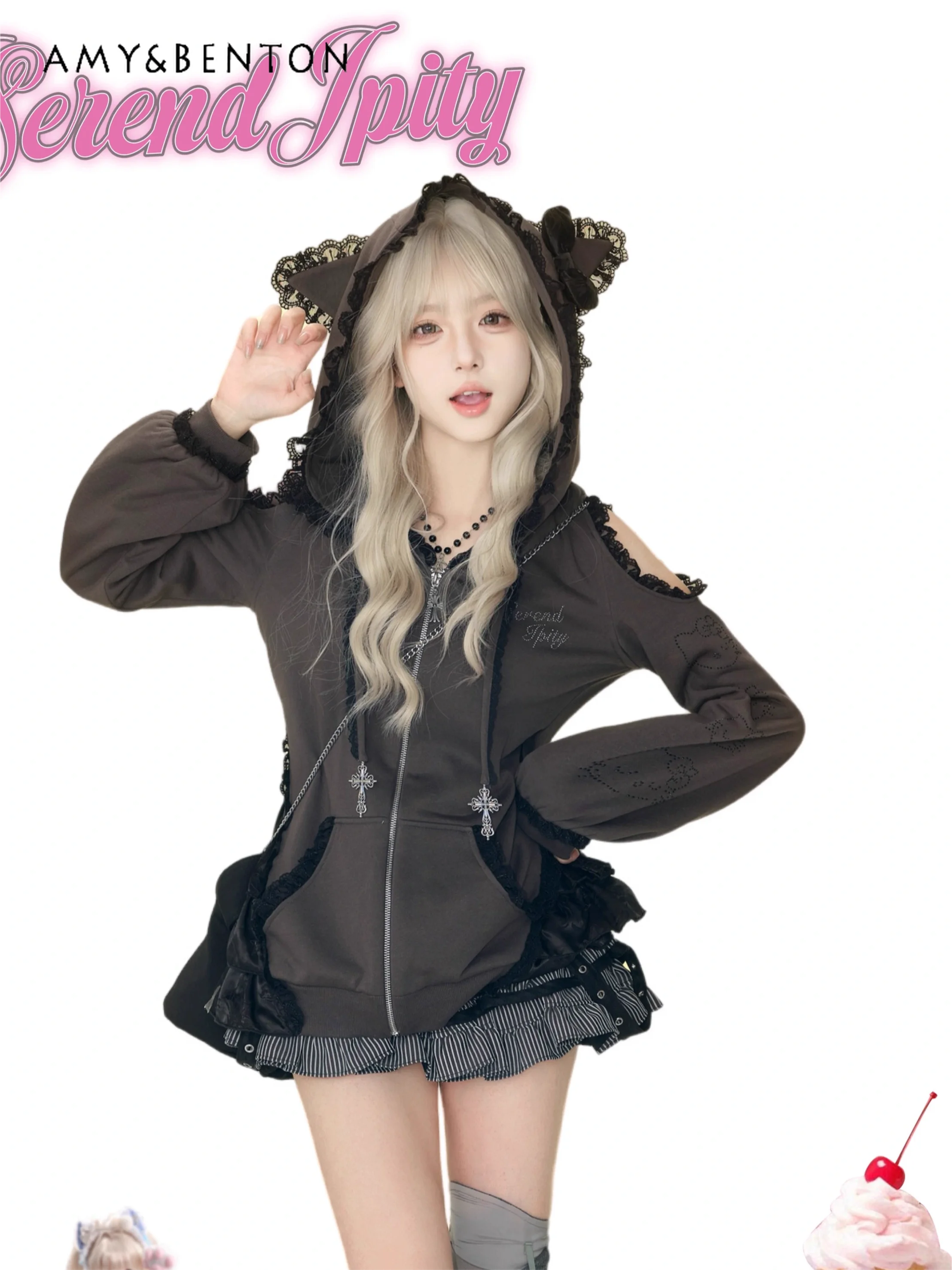 Gothic Subculture Skirt Sets Hot Diamond Off-the-shoulder Hooded Jacket + Black Lace Suspender + Mini Tutu Skirt Three-piece
Gothic Subculture Skirt Sets Hot Diamond Off-the-shoulder Hooded Jacket + Black Lace Suspender + Mini Tutu Skirt Three-piece