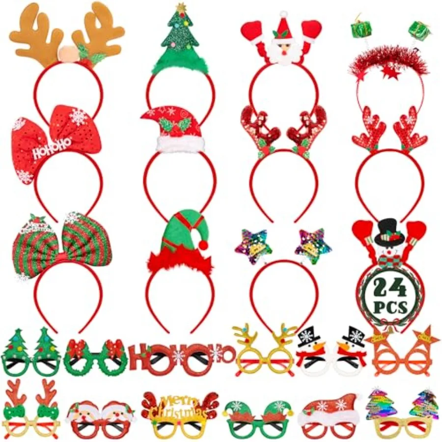 24 Pieces Christmas Headbands and Glasses Frames Bundle Set, Christmas Party Favors, Cute Eyeglasses Headwear Set with Santa Ha
24 Pieces Christmas Headbands and Glasses Frames Bundle Set, Christmas Party Favors, Cute Eyeglasses Headwear Set with Santa Ha