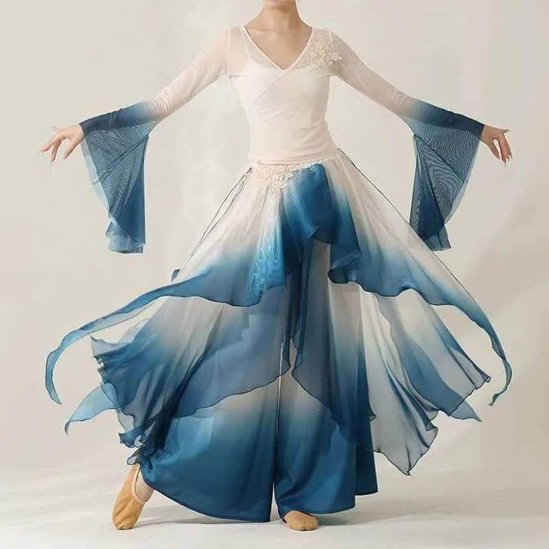 Women Chinese Classical Dance Costume Gradient Blue Chiffon Flared Sleeve Top Elegant Modern Folk Dance Performance Clothes
Women Chinese Classical Dance Costume Gradient Blue Chiffon Flared Sleeve Top Elegant Modern Folk Dance Performance Clothes
