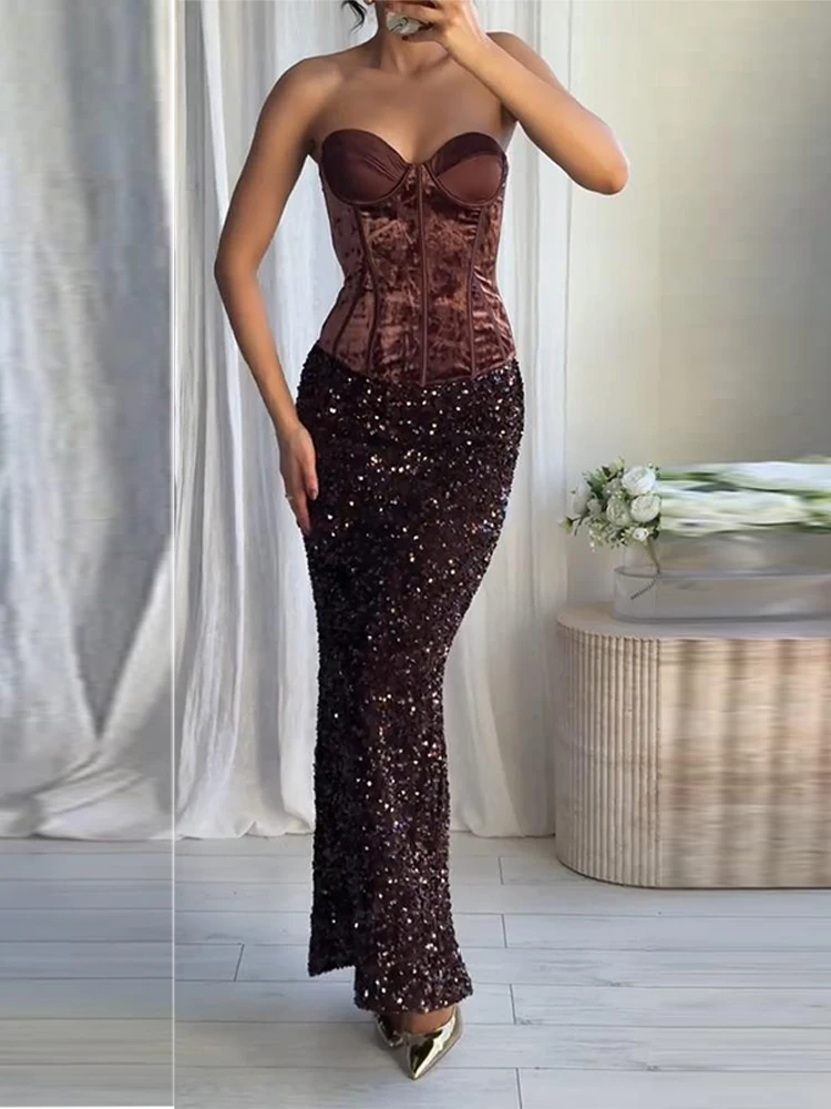 Sexy Women's Tube Top Midi Skirt Suit Fishbone Strapless Sleeveless Crop Tops Sequin Long Skirts Party Club 2 Pieces Set Women
Sexy Women's Tube Top Midi Skirt Suit Fishbone Strapless Sleeveless Crop Tops Sequin Long Skirts Party Club 2 Pieces Set Women