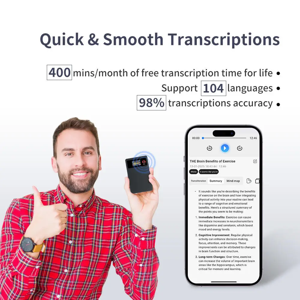 Ultra-Compact AI Recorder 18H Continuous Recording 750mAh Battery 104 Languages Transcription for Meetings
Ultra-Compact AI Recorder 18H Continuous Recording 750mAh Battery 104 Languages Transcription for Meetings