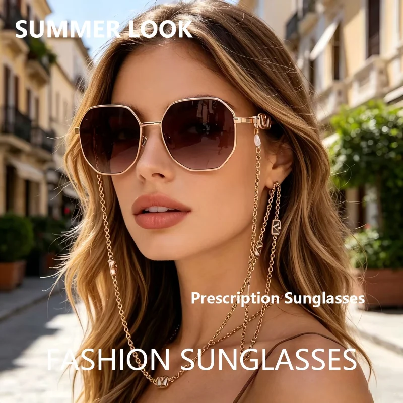 Women's Prescription Sunglasses with Chain Custom Myopia Optical UV400 Fashion Gold Metal Frame Sun Glasses for Ladies Travel
Women's Prescription Sunglasses with Chain Custom Myopia Optical UV400 Fashion Gold Metal Frame Sun Glasses for Ladies Travel