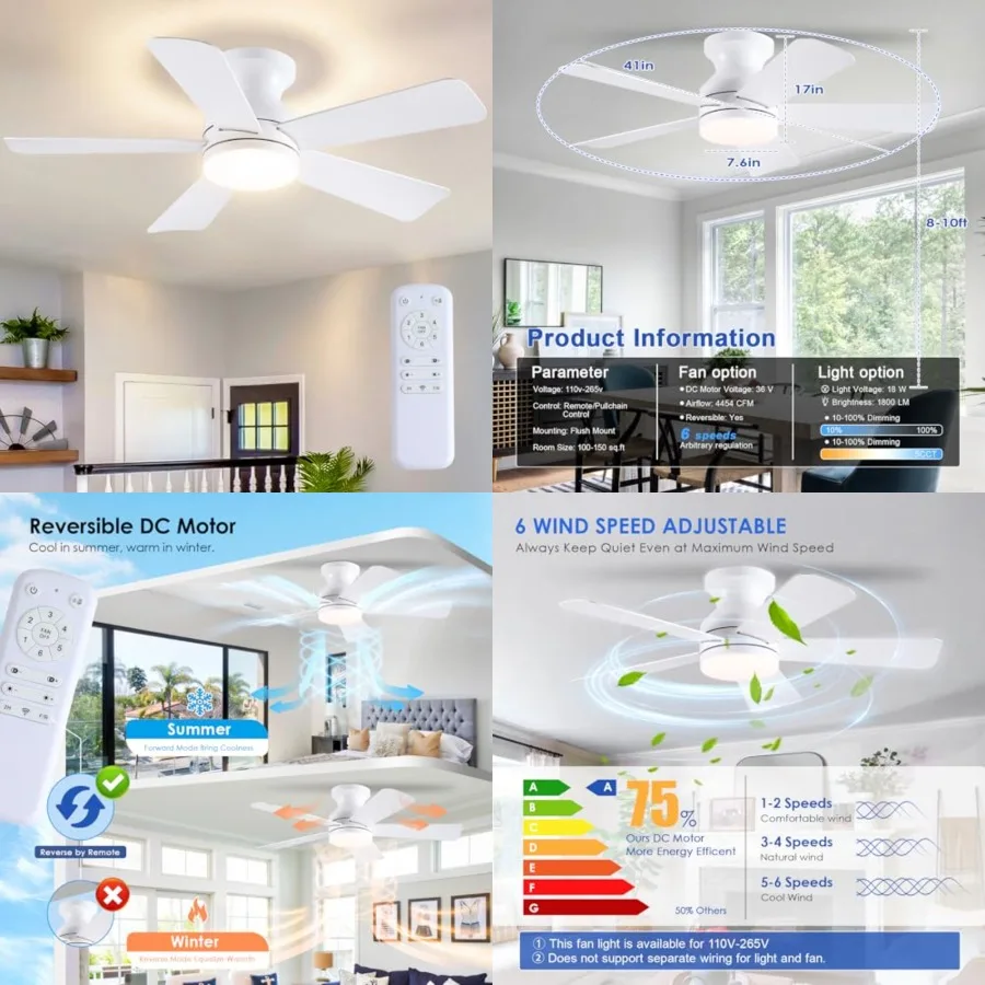 41 inch Ceiling Fans with Lights, Flush Mount Ceiling Fan with Remote, 3CCT, LED Dimmable, Reversible, 6 Fan Speeds, Quite Low
41 inch Ceiling Fans with Lights, Flush Mount Ceiling Fan with Remote, 3CCT, LED Dimmable, Reversible, 6 Fan Speeds, Quite Low