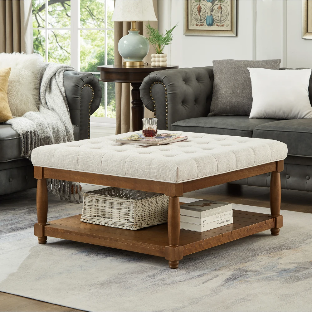 Large Square Upholstered Tufted Linen Ottoman Coffee Table, Large Footrest Ottoman with Solid Wood Shelf- Ivory
Large Square Upholstered Tufted Linen Ottoman Coffee Table, Large Footrest Ottoman with Solid Wood Shelf- Ivory