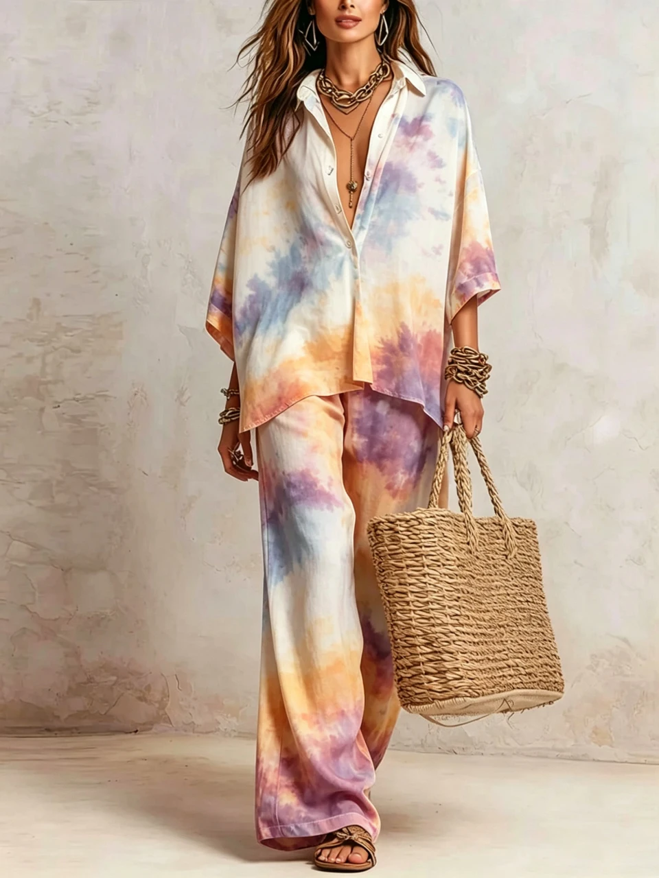 Boho Tie Dye Print 2 Piece Set Women Summer Lapel 3/4 Sleeve Shirt Top & Wide Leg Pants Streetwear Casual Loose Trousers Suit
Boho Tie Dye Print 2 Piece Set Women Summer Lapel 3/4 Sleeve Shirt Top & Wide Leg Pants Streetwear Casual Loose Trousers Suit