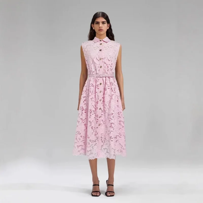 Pink Lace Dress 2025 Summer Fashion Elegant Turn-down Collar Single-breasted Belted Sleeveless Midi Dress
Pink Lace Dress 2025 Summer Fashion Elegant Turn-down Collar Single-breasted Belted Sleeveless Midi Dress
