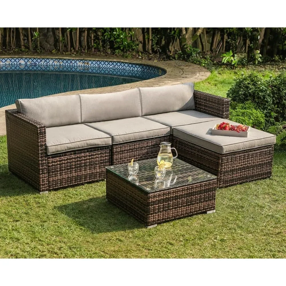 5-Piece Outdoor Furniture All-Weather Mottlewood Brown Wicker Sectional Sofa W Warm Gray Thick Cushions, Glass-Top Coffee Table
5-Piece Outdoor Furniture All-Weather Mottlewood Brown Wicker Sectional Sofa W Warm Gray Thick Cushions, Glass-Top Coffee Table