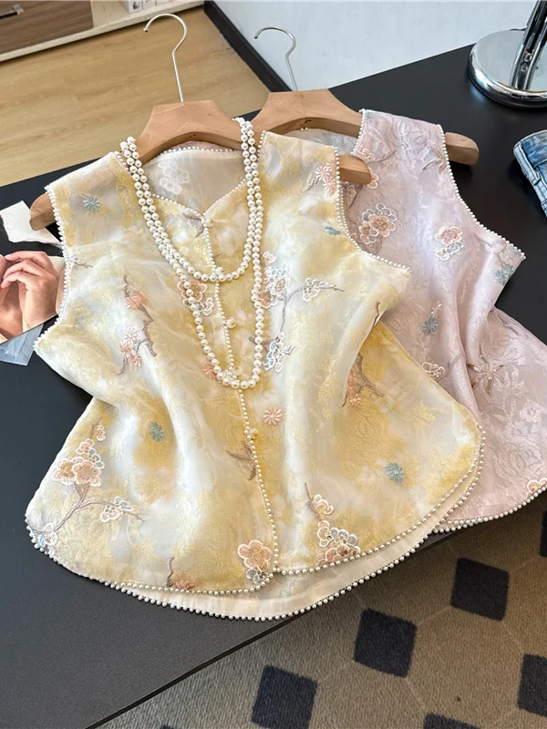 New Chinese Style Embroidered Bead Design Jacket Sleeveless Improved Tang Costume round Neck Single Button Fastening Thin Model
New Chinese Style Embroidered Bead Design Jacket Sleeveless Improved Tang Costume round Neck Single Button Fastening Thin Model
