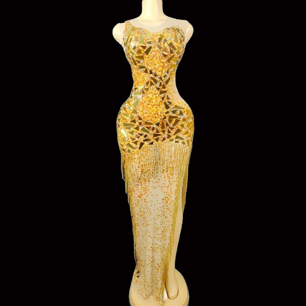 Women Sparkly Gold Mirror Rhinestone Fringes Long Dress Sleeveless Celebrate Evening Birthday Dress Sexy Split Party Dress
Women Sparkly Gold Mirror Rhinestone Fringes Long Dress Sleeveless Celebrate Evening Birthday Dress Sexy Split Party Dress