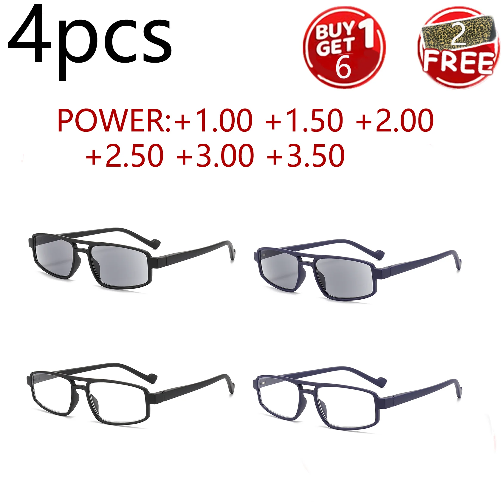 4 шт. двухмостовые минималистичные считыватели: линзы с защитой от синего и УФ-излучения, пружинные петли, мощность 1,00-3,50 
4 шт. двухмостовые минималистичные считыватели: линзы с защитой от синего и УФ-излучения, пружинные петли, мощность 1,00-3,50