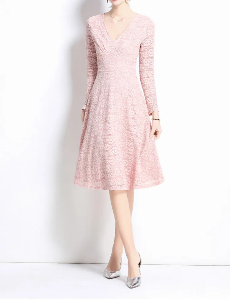 Women Sweet Lace Spring Autumn Fashion Stretch V Neck Full Sleeve A-Line Birthday Party Vestidos
Women Sweet Lace Spring Autumn Fashion Stretch V Neck Full Sleeve A-Line Birthday Party Vestidos