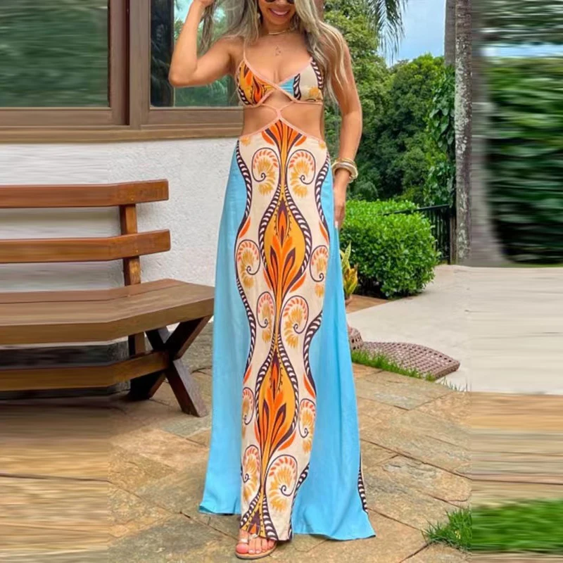 Chic Pattern Print Backless Floor-length Long Dress Elegant Sleeveless Hollow Out Beach Dress Casual Summer Vacation Party Dress
Chic Pattern Print Backless Floor-length Long Dress Elegant Sleeveless Hollow Out Beach Dress Casual Summer Vacation Party Dress