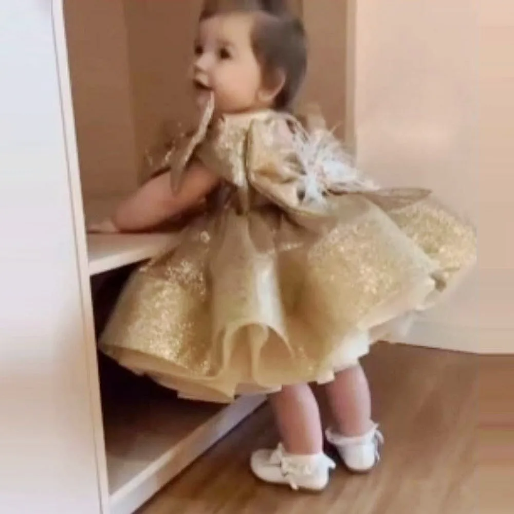 Gold Sequined Ball Gown First Communion Dress With Big Bow Feathers Ruffles Little Girls Flower Girl Dress
Gold Sequined Ball Gown First Communion Dress With Big Bow Feathers Ruffles Little Girls Flower Girl Dress