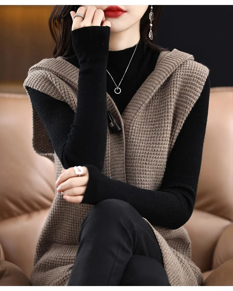 Cashmere sweater hooded vest female solid color horn buckle knitted sleeveless wool vest long vest
Cashmere sweater hooded vest female solid color horn buckle knitted sleeveless wool vest long vest