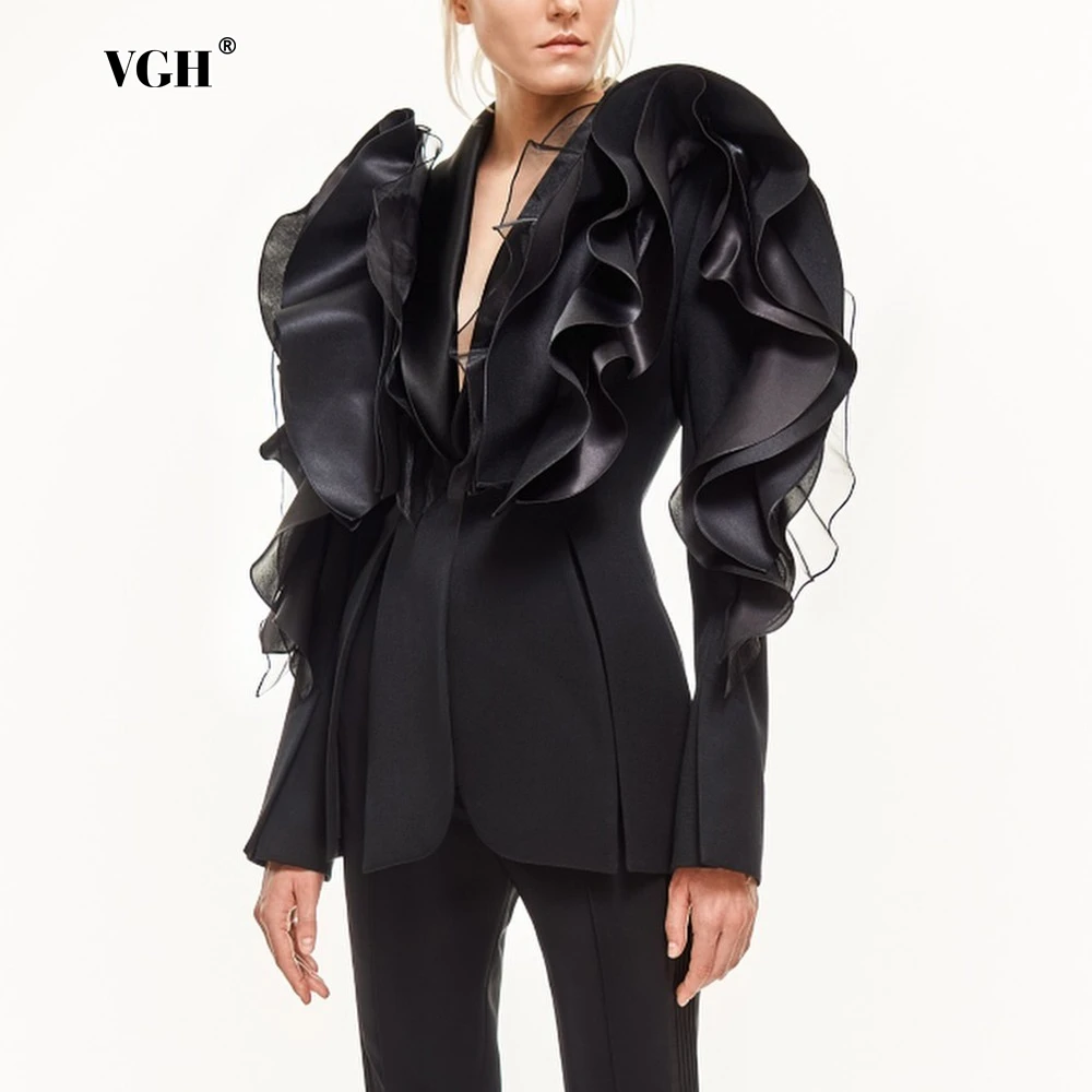 VGH Fashionable Spliced Mesh Ruffles Jacket for Women Deep Neck Shoulder Pud Long Sleeve Slim Irregular Style Coat Female New
VGH Fashionable Spliced Mesh Ruffles Jacket for Women Deep Neck Shoulder Pud Long Sleeve Slim Irregular Style Coat Female New