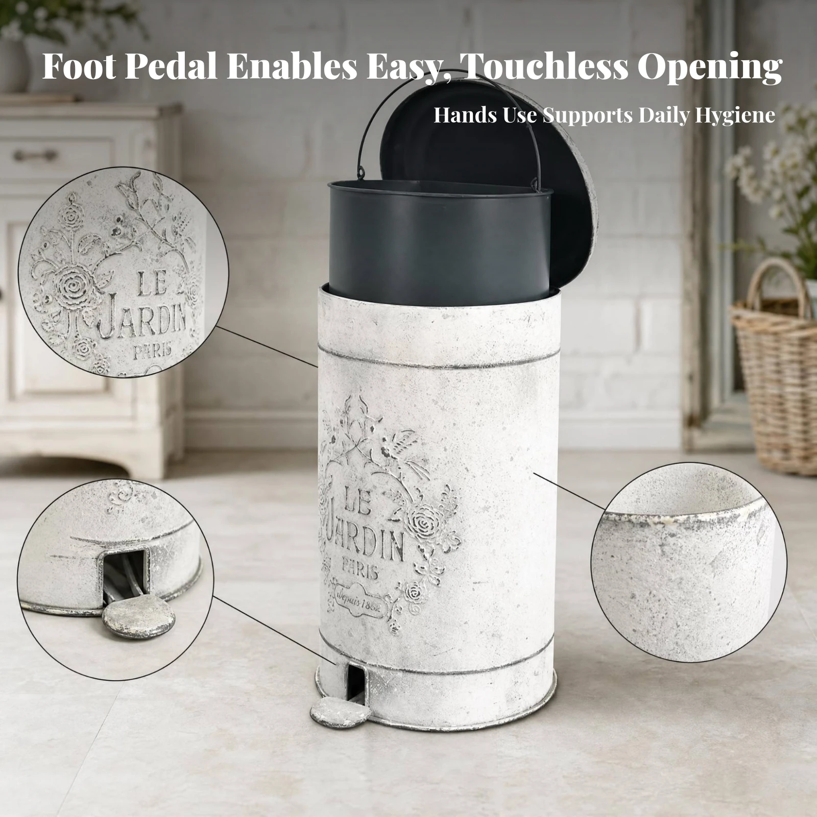 Removable Liner Metal Trash Can Garden Container Garbage Bin Vintage-Style Decorative Text Pedal Trash Can
Removable Liner Metal Trash Can Garden Container Garbage Bin Vintage-Style Decorative Text Pedal Trash Can