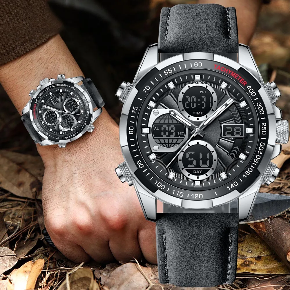 Новые оригинальные брендовые роскошные цифровые часы FOXBOX для мужчин, кожаные спортивные водонепроницаемые кварцевые наручные часы, модные военные мужские часы
Новые оригинальные брендовые роскошные цифровые часы FOXBOX для мужчин, кожаные спортивные водонепроницаемые кварцевые наручные часы, модные военные мужские часы
