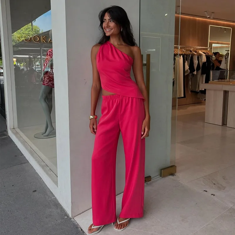 2025 Summer Women's Two Piece Set with Slanted Collar, Sleeveless, Irregular Tank Top, High Waist Pants Set
2025 Summer Women's Two Piece Set with Slanted Collar, Sleeveless, Irregular Tank Top, High Waist Pants Set