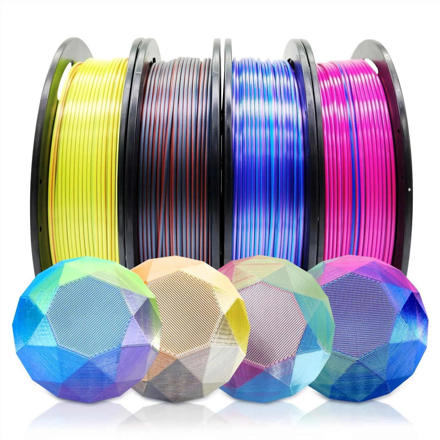 4 Pack PLA Filament 1.75mm Multicolor Silk, 250g Each for 3D Printer, Dual Extrusion with Red Blue Gold Purple Green Black
4 Pack PLA Filament 1.75mm Multicolor Silk, 250g Each for 3D Printer, Dual Extrusion with Red Blue Gold Purple Green Black
