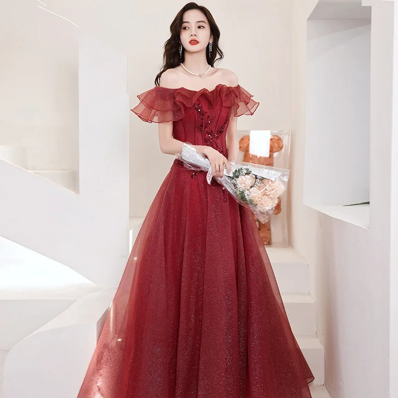 Burgundy Off The Shoulder Evening Dress Sequins Appliques Strapless Ruffle Glitter Party Gowns Female Banquet Maxi Dresses
Burgundy Off The Shoulder Evening Dress Sequins Appliques Strapless Ruffle Glitter Party Gowns Female Banquet Maxi Dresses