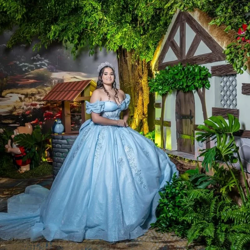 Shiny Light Blue Quinceanera Dresses Off the Shoulder Sequin flower Crystal Applique Bow Vestido De 15 Quinceanera Customize
Shiny Light Blue Quinceanera Dresses Off the Shoulder Sequin flower Crystal Applique Bow Vestido De 15 Quinceanera Customize