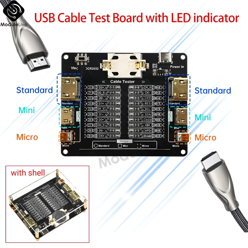 USB Cable Test Board with LED indicator for standard Mini Micro A-type B-type detection of Short Circuit On-Off Switching
USB Cable Test Board with LED indicator for standard Mini Micro A-type B-type detection of Short Circuit On-Off Switching