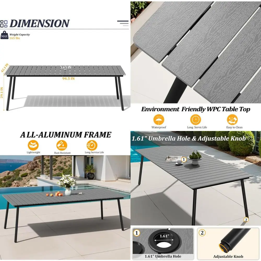 95" Patio Outdoor Dining Table or 8-10, Weather-Resistant Wood-Grain Top with e & Umbrella Hole or Deck Gatherings, Grey
95" Patio Outdoor Dining Table or 8-10, Weather-Resistant Wood-Grain Top with e & Umbrella Hole or Deck Gatherings, Grey
