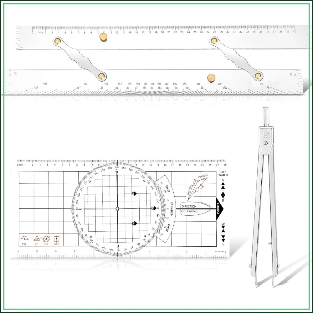 3 Pcs Basic Navigation Set: 16 Inch Marine Parallel Ruler, Nautical Protractor, 6 Inch Fixed Points Divider for Boats
3 Pcs Basic Navigation Set: 16 Inch Marine Parallel Ruler, Nautical Protractor, 6 Inch Fixed Points Divider for Boats