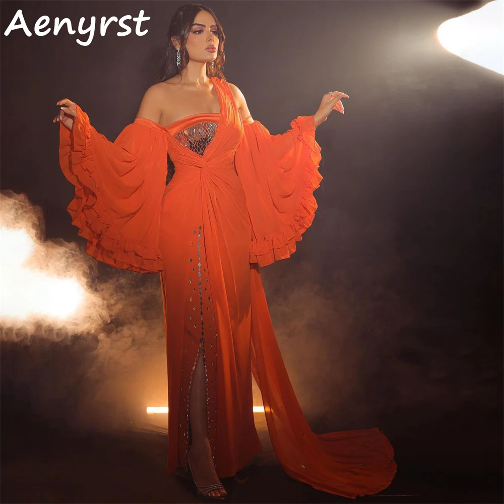 Aenyrst Orange Long Flared Sleeves Evening Gowns customized Mermaid Chiffon Crystal Saudi Prom Dress Floor Length Occasion Gowns
Aenyrst Orange Long Flared Sleeves Evening Gowns customized Mermaid Chiffon Crystal Saudi Prom Dress Floor Length Occasion Gowns