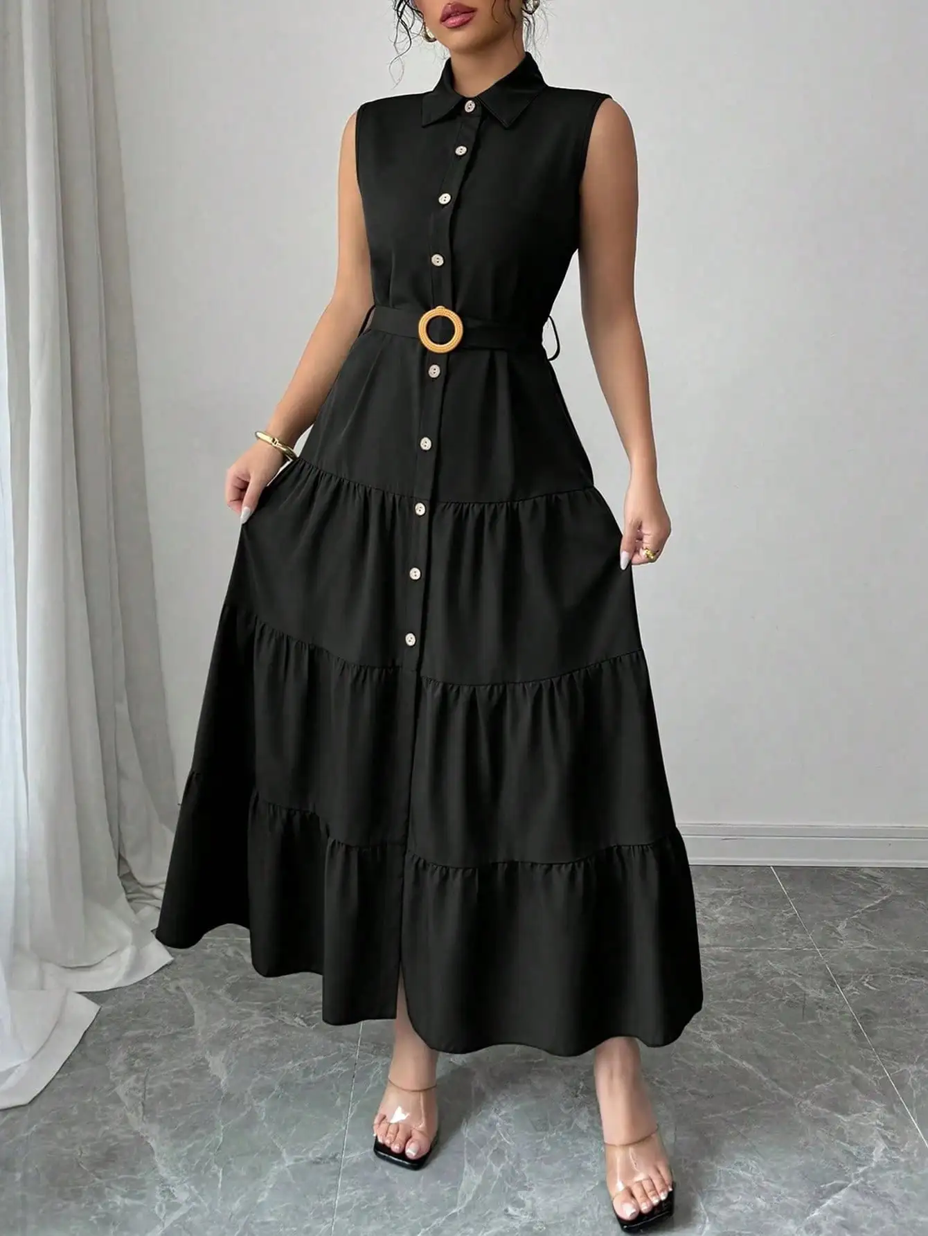 Solid Black Sleeveless Buttons Up Dress Women With Belt Maxi Long Dresses Elegant Casual Dresses Turndown Collar Woman Clothing
Solid Black Sleeveless Buttons Up Dress Women With Belt Maxi Long Dresses Elegant Casual Dresses Turndown Collar Woman Clothing