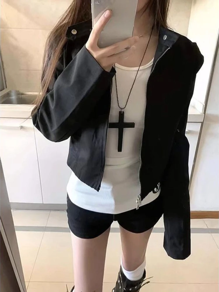 Американские винтажные черные тонкие куртки 2000-х годов в стиле Харадзюку, осенние повседневные корейские модные пальто с длинными рукавами для женщин Y2k Chic 
Американские винтажные черные тонкие куртки 2000-х годов в стиле Харадзюку, осенние повседневные корейские модные пальто с длинными рукавами для женщин Y2k Chic