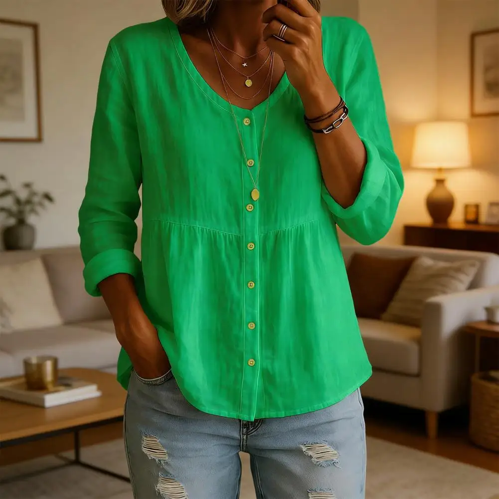 Женская блузка из натуральной смолистой ткани с V-образным вырезом, длинными рукавами, пуговицами, А-образным силуэтом, укороченная спереди и удлиненная сзади
Женская блузка из натуральной смолистой ткани с V-образным вырезом, длинными рукавами, пуговицами, А-образным силуэтом, укороченная спереди и удлиненная сзади