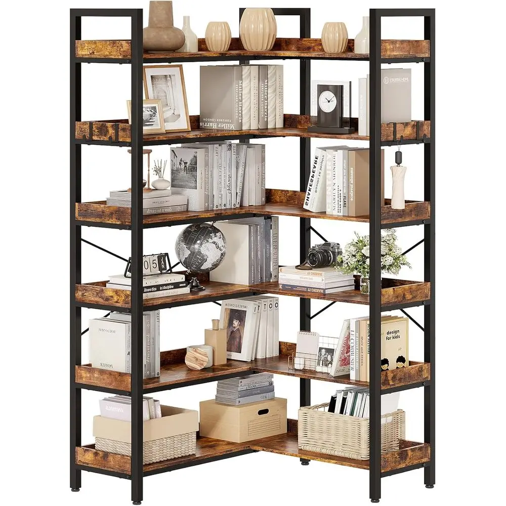 6-Tier L-Shaped Reversible Bookcase, 69 Rustic Brown Wood & Metal, Open Shelves + 4 Hooks for Living Room/Bedroom/Home Office
6-Tier L-Shaped Reversible Bookcase, 69 Rustic Brown Wood & Metal, Open Shelves + 4 Hooks for Living Room/Bedroom/Home Office