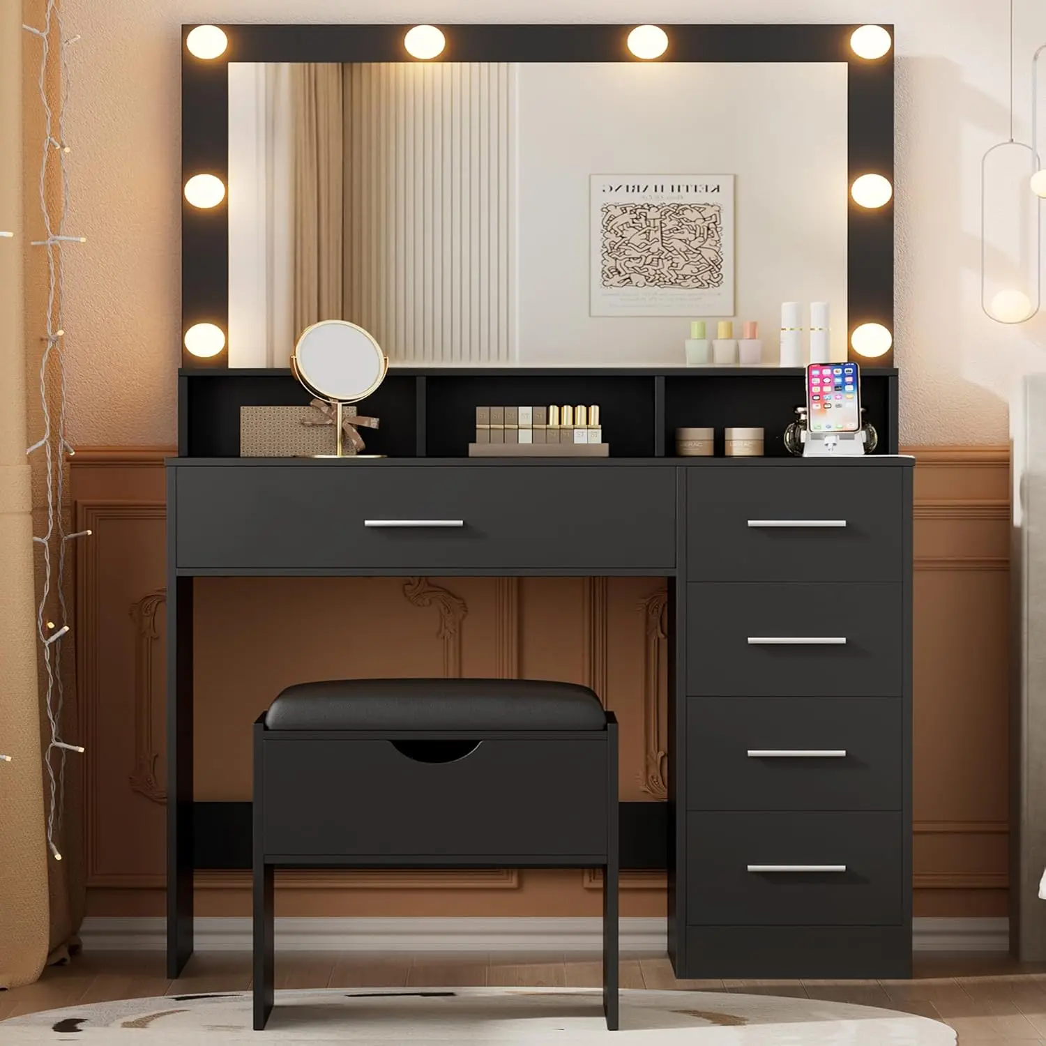 Black Vanity Desk with Mirror & Lights, 5 Drawers Makeup Table with Stool for Bedroom, 35.43in, Customized
Black Vanity Desk with Mirror & Lights, 5 Drawers Makeup Table with Stool for Bedroom, 35.43in, Customized