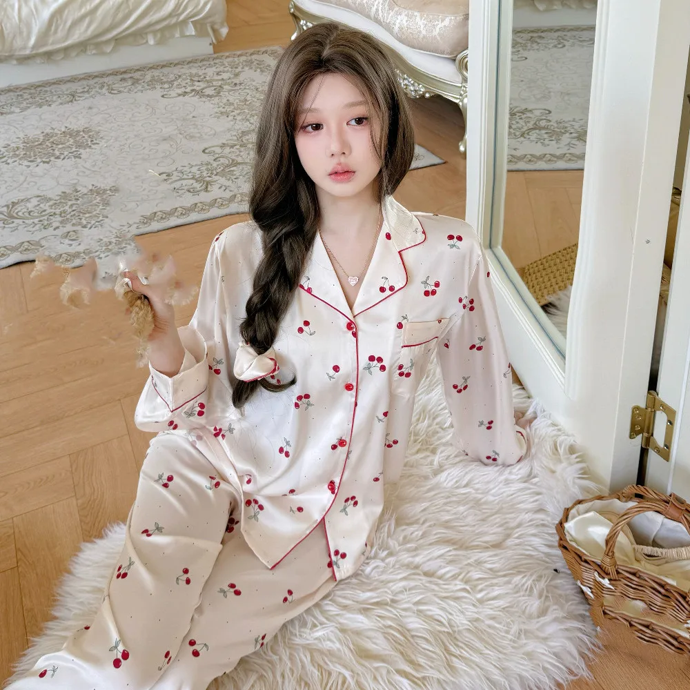 Female Print Cherry Pajamas Set Elegant Sleepwear Long Sleeve Trouser Suit Pijamas Loose Caual Silk Satin Homewear
Female Print Cherry Pajamas Set Elegant Sleepwear Long Sleeve Trouser Suit Pijamas Loose Caual Silk Satin Homewear