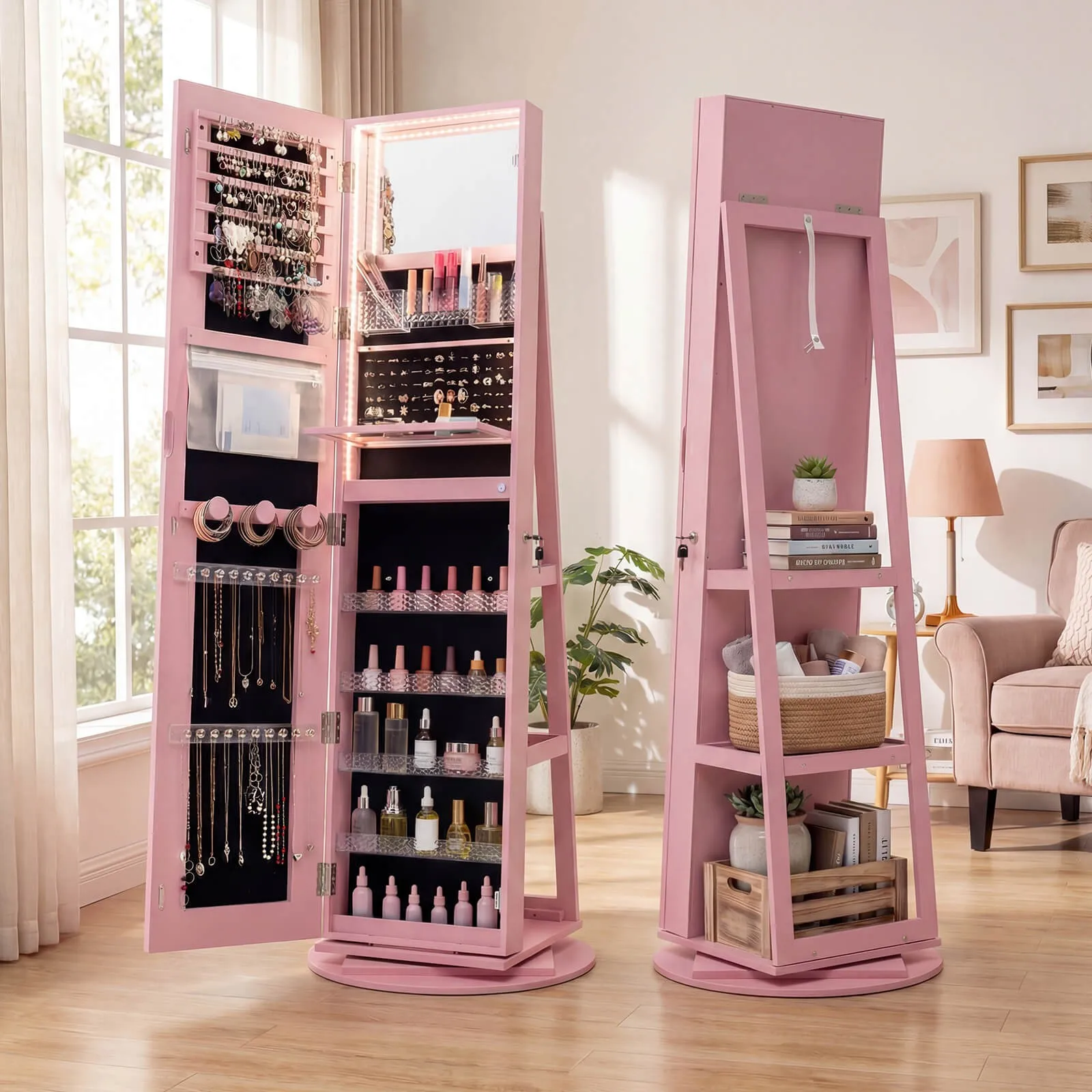 360° Swivel Jewelry Cabinet with LED Lights Full-Length Mirror and Makeup Mirror
360° Swivel Jewelry Cabinet with LED Lights Full-Length Mirror and Makeup Mirror