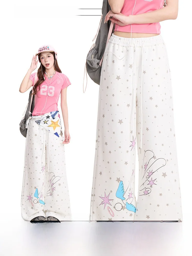 Korean Style Star Print Wide Leg Pants Women's Lightweight Loose Casual Trousers High Waist Long Cotton Polyester Blend
Korean Style Star Print Wide Leg Pants Women's Lightweight Loose Casual Trousers High Waist Long Cotton Polyester Blend
